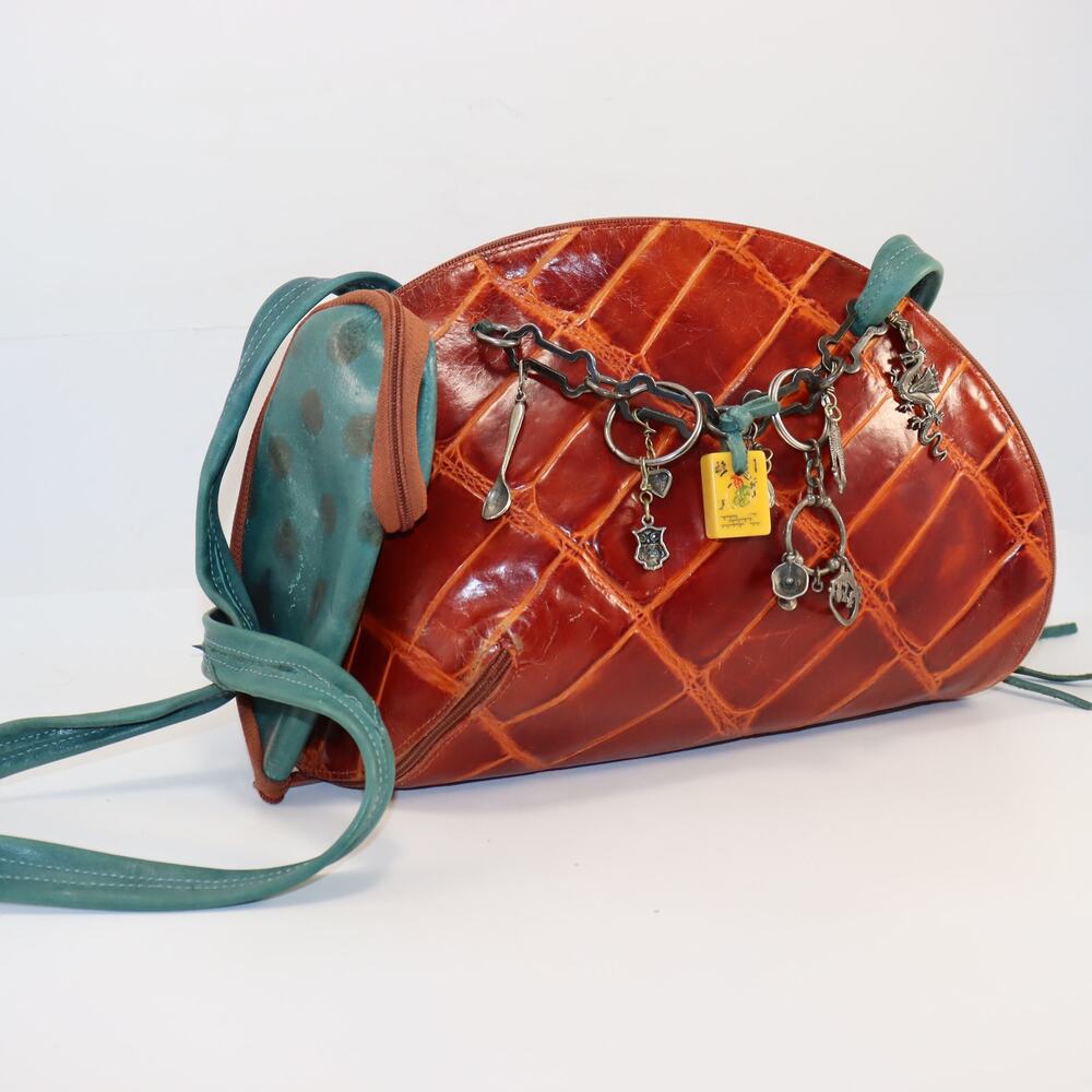 Carol Hearty Art Bag Half-Moon Leather Crossbody w/ Charms Handmade‎